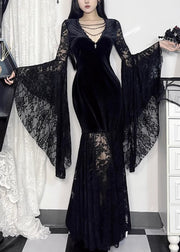 Sexy Black V Neck Lace Patchwork Silk Velvet Long Dresses Flare Sleeve