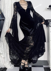 Sexy Black V Neck Lace Patchwork Silk Velvet Long Dresses Flare Sleeve