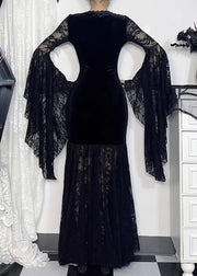 Sexy Black V Neck Lace Patchwork Silk Velvet Long Dresses Flare Sleeve