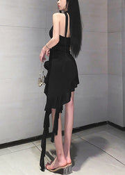 Sexy Black V Neck Lace Up Cotton Mid Dress Sleeveless