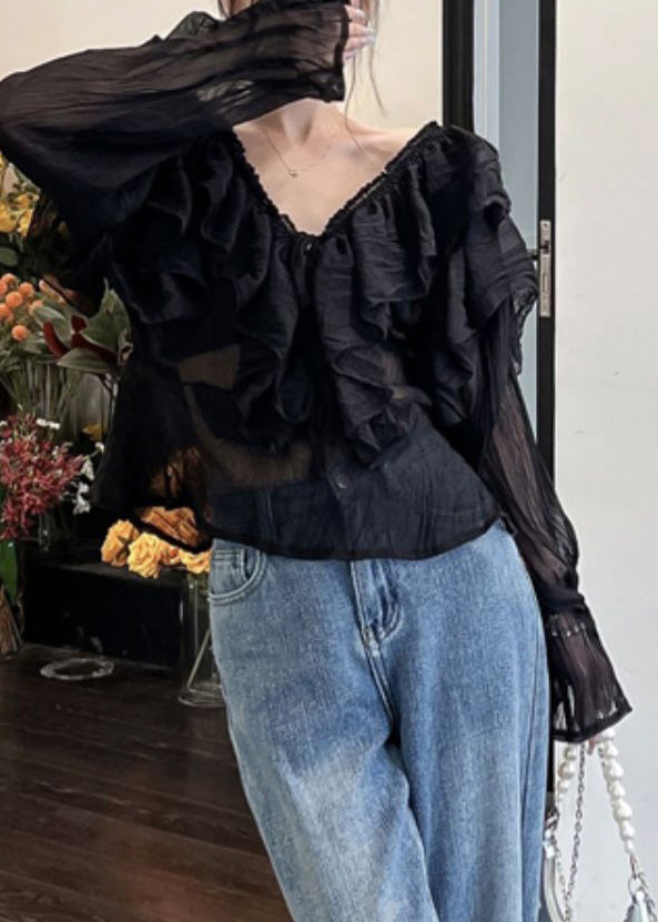 Sexy Black V Neck Ruffled Chiffon Shirts Long Sleeve