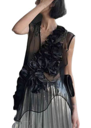 Sexy Black V Neck Ruffled Original Design Tulle Top Sleeveless