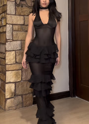 Sexy Black V Neck Ruffled Tulle Maxi Dresses Sleeveless