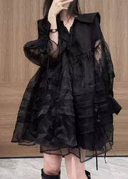 Sexy Black V Neck Tulle Mid Dresses Long Sleeve