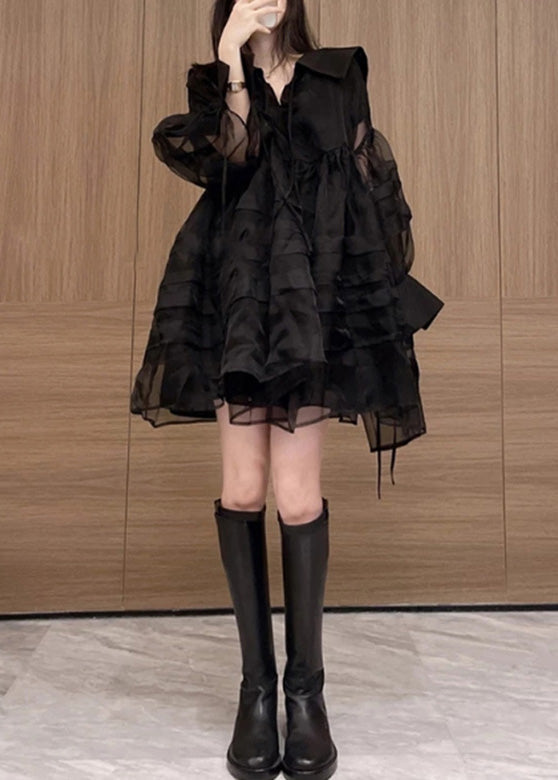 Sexy Black V Neck Tulle Mid Dresses Long Sleeve