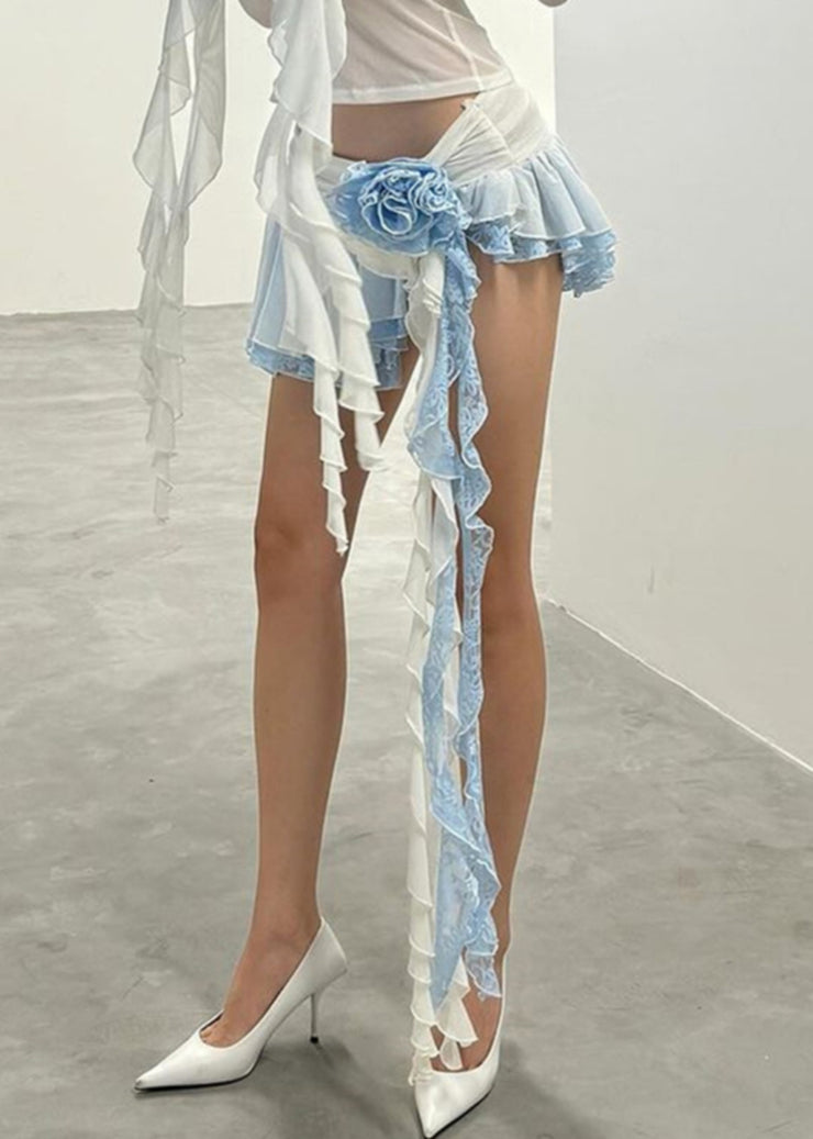 Sexy Blue Asymmetrical Elastic Waist Lace Skirts Summer