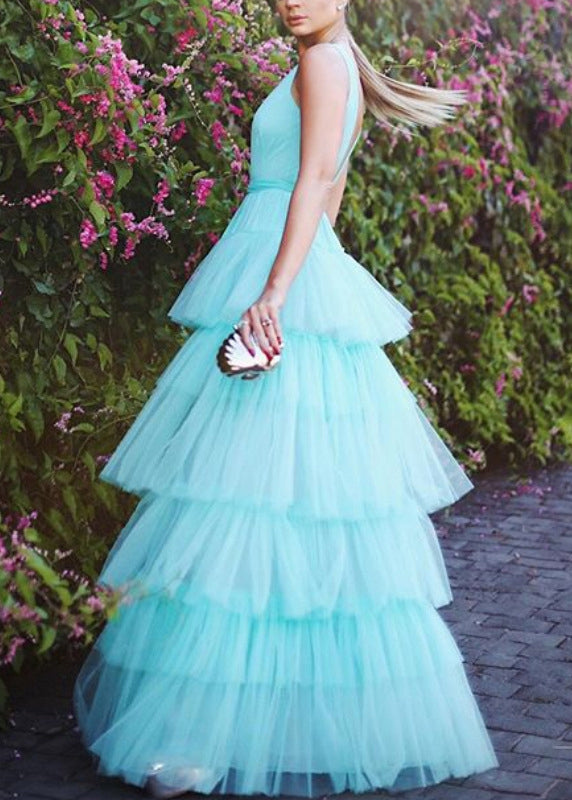 Sexy Blue V Neck High Waist Tulle Dress Sleeveless