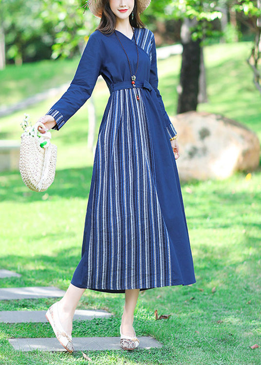 Sexy Blue V Neck Striped Patchwork Linen Long Dress Spring