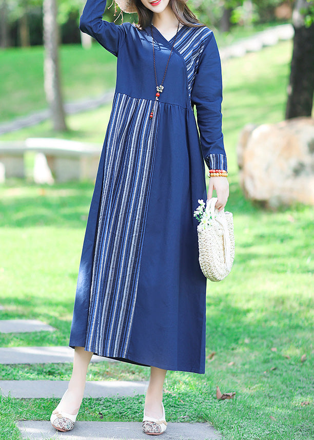 Sexy Blue V Neck Striped Patchwork Linen Long Dress Spring