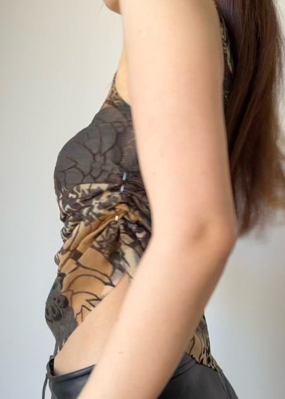 Sexy Brown Asymmetrical Print Tulle Tank Sleeveless