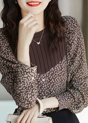 Sexy Brown O-Neck Print Patchwork Button Knit Shirt Long Sleeve