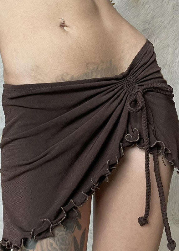 Sexy Brown Ruffled Lace Up Solid Cotton Skirt Summer