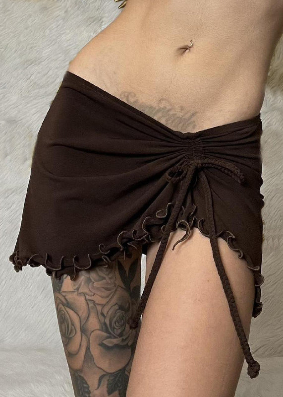 Sexy Brown Ruffled Lace Up Solid Cotton Skirt Summer