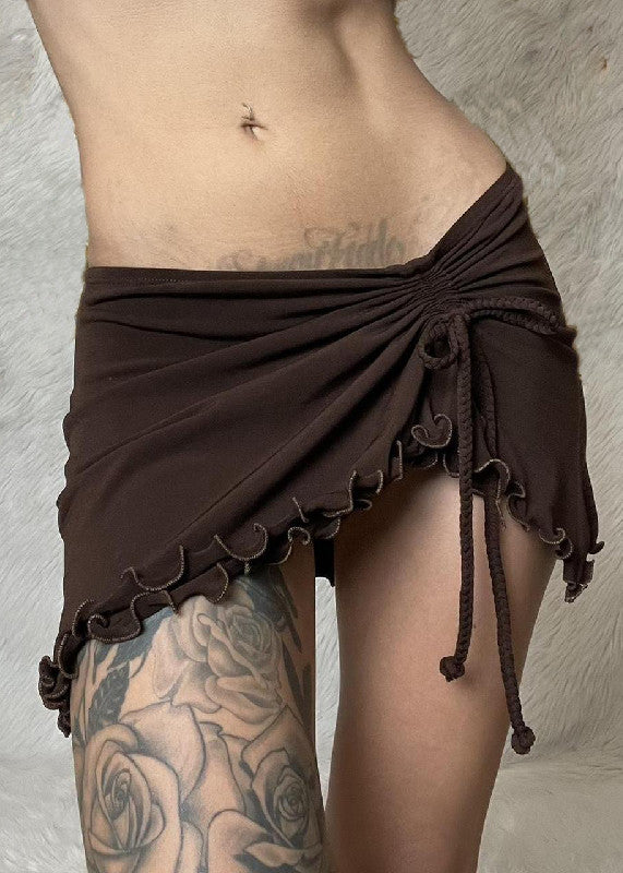 Sexy Brown Ruffled Lace Up Solid Cotton Skirt Summer