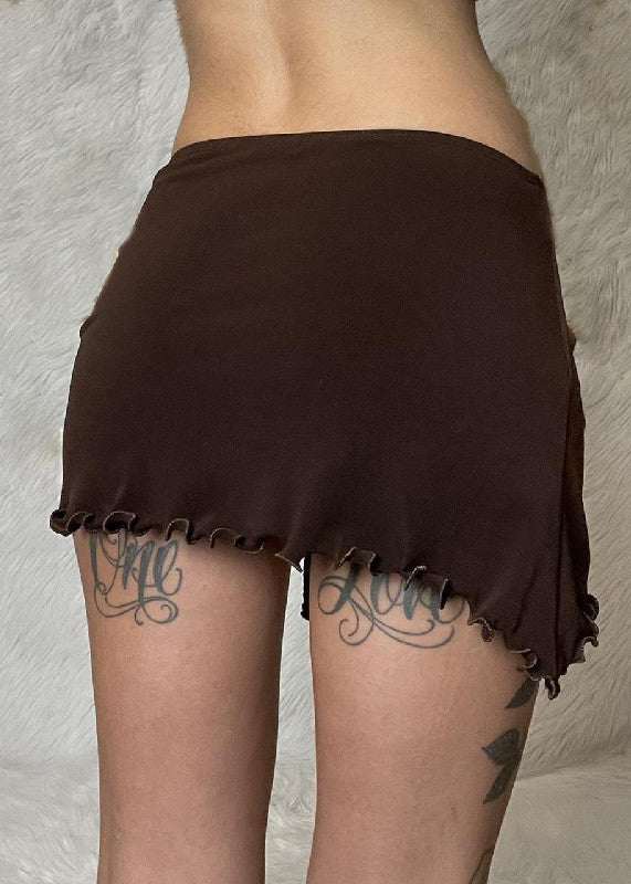 Sexy Brown Ruffled Lace Up Solid Cotton Skirt Summer