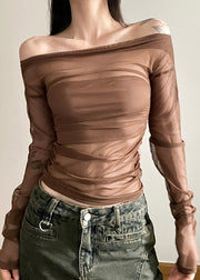 Sexy Brown Tulle Hollow One Line Neck Long Sleeved T Shirt Top