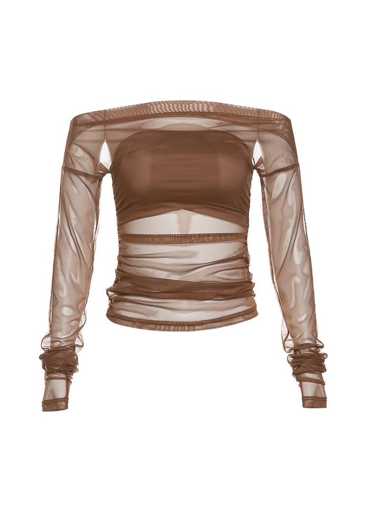 Sexy Brown Tulle Hollow One Line Neck Long Sleeved T Shirt Top