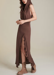 Sexy Chocolate Wrinkled Patchwork Holiday Hoode Long Dress Sleeveless