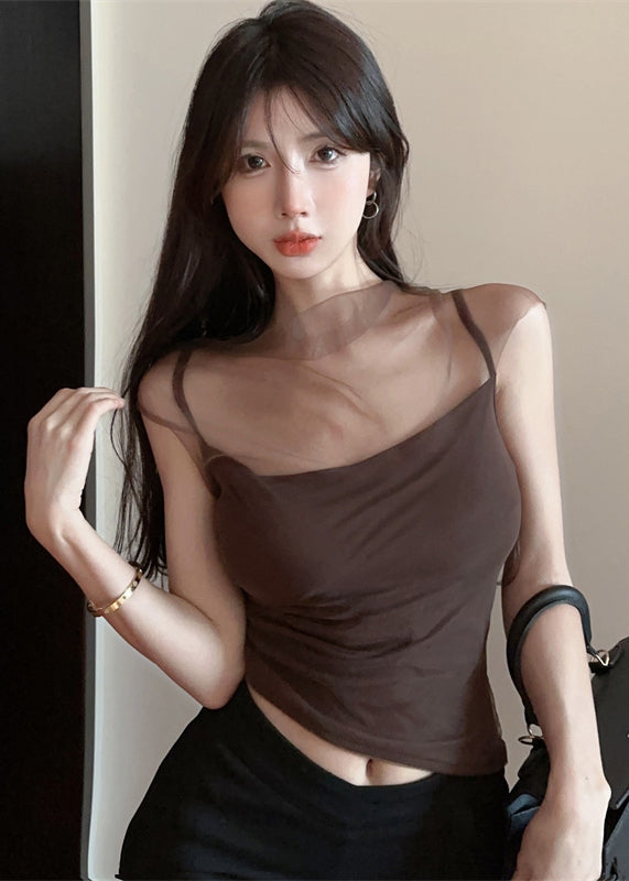 Sexy Coffee Tulle patchwork Suspender Top Summer 2024