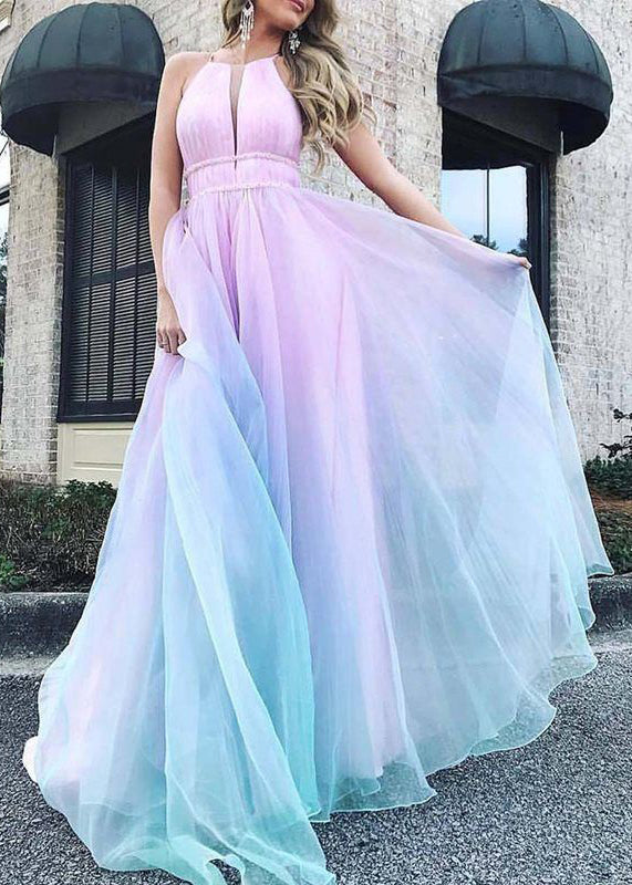 Sexy Gradient Color V Neck High Waist Tulle Maxi Dresses Sleeveless