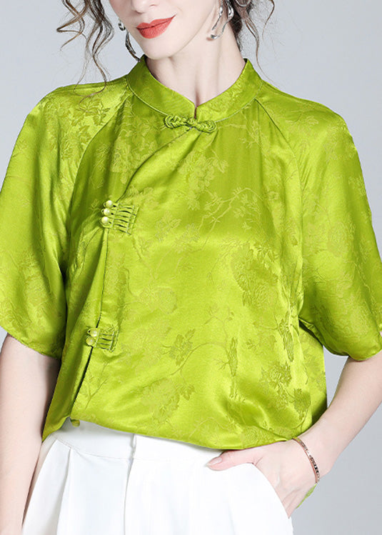 Sexy Grass Green Stand Collar Button Silk Top Short Sleeve