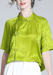 Sexy Grass Green Stand Collar Button Silk Top Short Sleeve