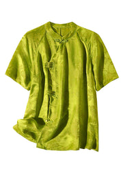 Sexy Grass Green Stand Collar Button Silk Top Short Sleeve