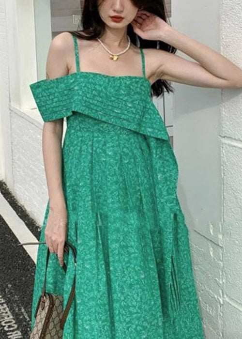 Sexy Green Cold Shoulder High Waist Cotton Spaghetti Strap Dress Sleeveless