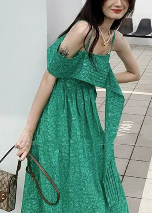 Sexy Green Cold Shoulder High Waist Cotton Spaghetti Strap Dress Sleeveless