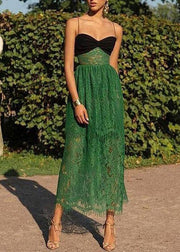 Sexy Green Cold Shoulder Patchwork Lace Spaghetti Strap Dress Sleeveless