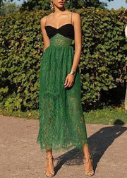 Sexy Green Cold Shoulder Patchwork Lace Spaghetti Strap Dress Sleeveless