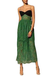 Sexy Green Cold Shoulder Patchwork Lace Spaghetti Strap Dress Sleeveless