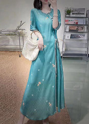 Sexy Green O-Neck Embroideried Floral Side Open Tie Waist Button Silk Long Dresses Half Sleeve