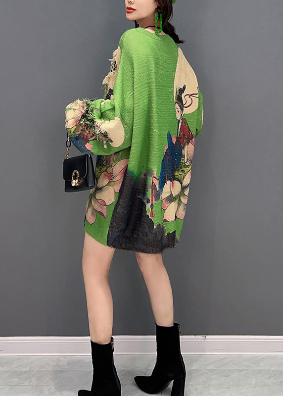 Sexy Green O-Neck Print Tassel Knit Sweater Winter