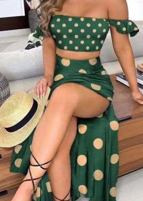 Sexy Green Off The Shoulder Dot Print Cotton Two Piece Set Summer