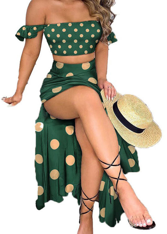 Sexy Green Off The Shoulder Dot Print Cotton Two Piece Set Summer