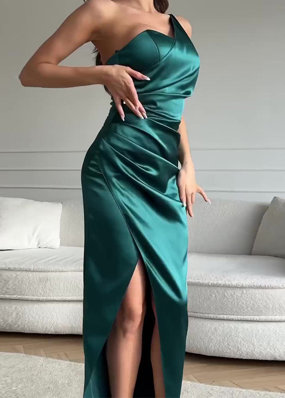 Sexy Green One Shoulder Side Open Slim Fit Silk Dress Sleeveless