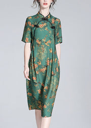 Sexy Green Stand Collar Print Button Silk Maxi Dress Short Sleeve