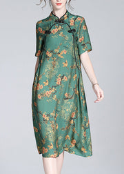 Sexy Green Stand Collar Print Button Silk Maxi Dress Short Sleeve