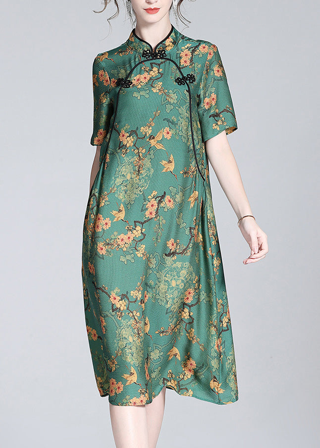 Sexy Green Stand Collar Print Button Silk Maxi Dress Short Sleeve