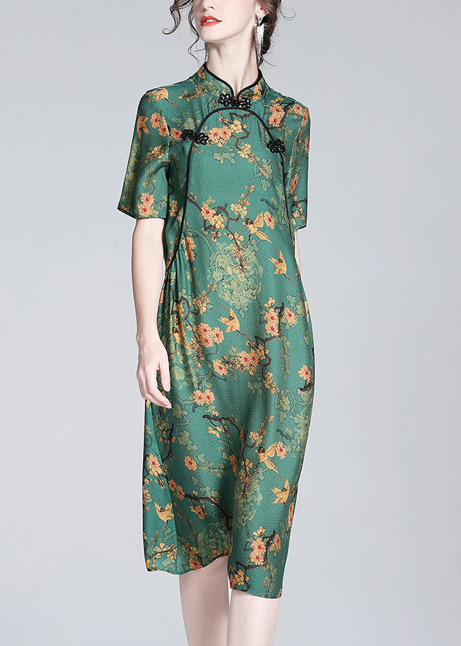 Sexy Green Stand Collar Print Button Silk Maxi Dress Short Sleeve