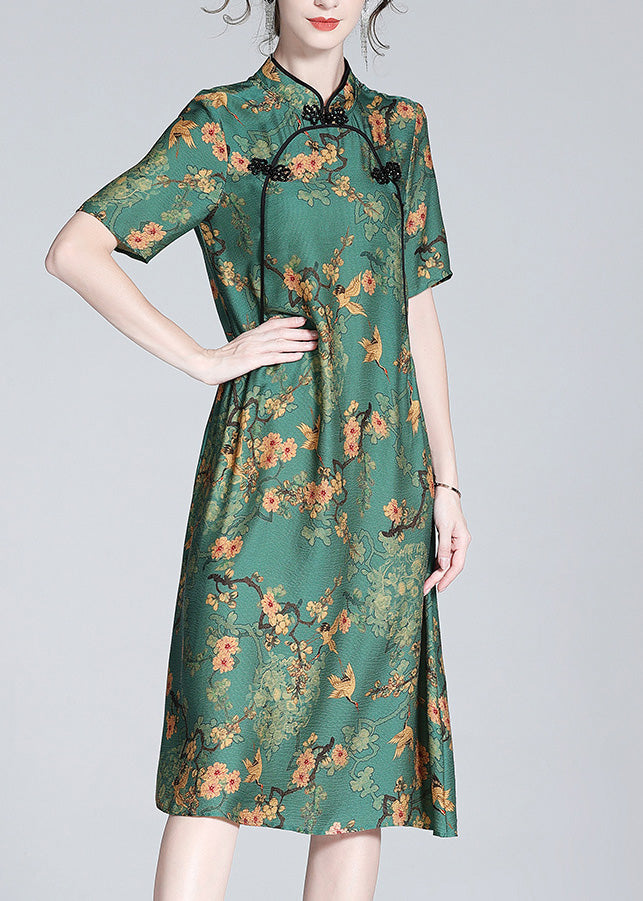 Sexy Green Stand Collar Print Button Silk Maxi Dress Short Sleeve