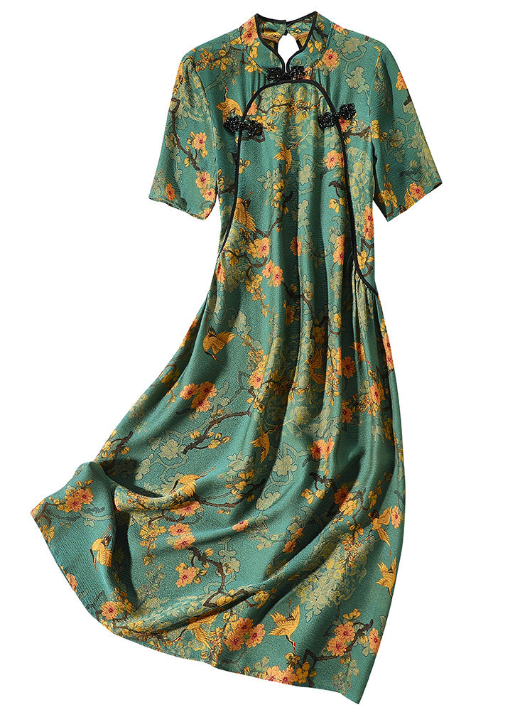 Sexy Green Stand Collar Print Button Silk Maxi Dress Short Sleeve