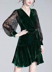 Sexy Green V Neck Tulle Patchwork Tie Waist Silk Velour Holiday Mid Dress Spring