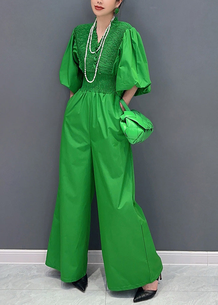 Sexy Green V Neck Wrinkled Elastic Waist Jumpsuit Summer