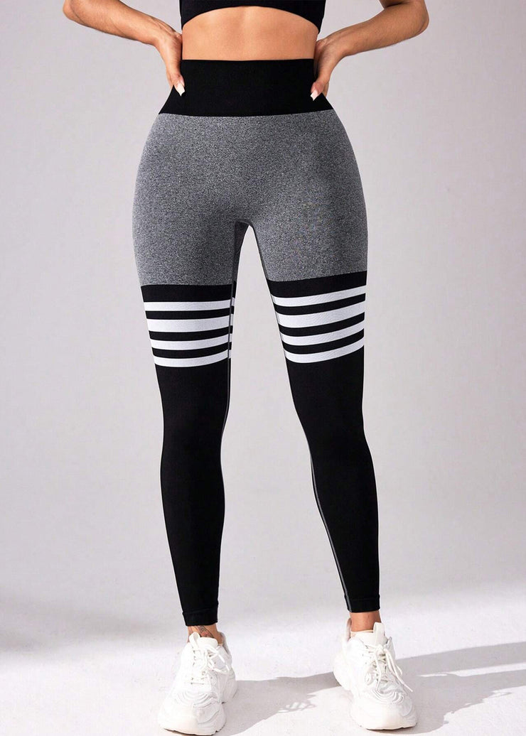 Sexy Grey Striped High Waist Patchwork Cotton Capri Athletic Leggings