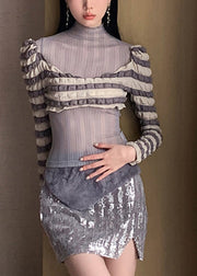 Sexy Grey Turtleneck Patchwork Tulle T Shirts Long Sleeve