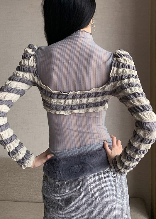 Sexy Grey Turtleneck Patchwork Tulle T Shirts Long Sleeve