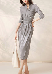 Sexy Grey V Neck Plaid Tie Waist Chiffon Dresses Long Sleeve