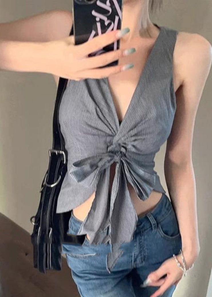 Sexy Grey V Neck Tie Waist Vest Summer